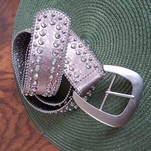 WCM New York Metallic Silver Leather Western Rhinstone Studded Belt Size XL